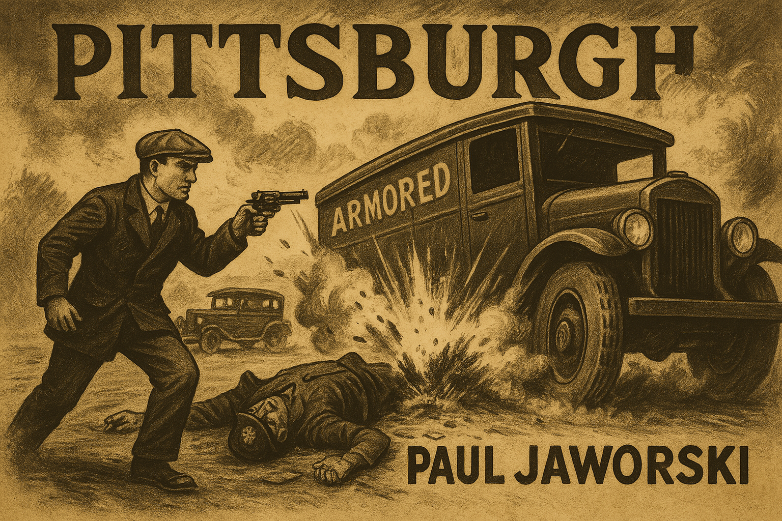 Vintage sepia illustration of Paul Jaworski committing the first armored car robbery in U.S. history, with an explosion rocking the street and a gangster holding a revolver over a fallen guard.
