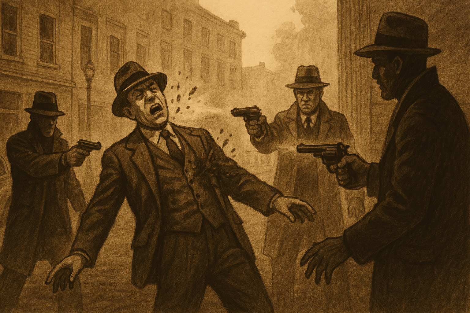 Sepia-toned illustration of a 1930s gangland shooting, with three men in fedoras firing revolvers at a mobster on a city street, evoking the Volpe brothers hit in Pittsburgh.