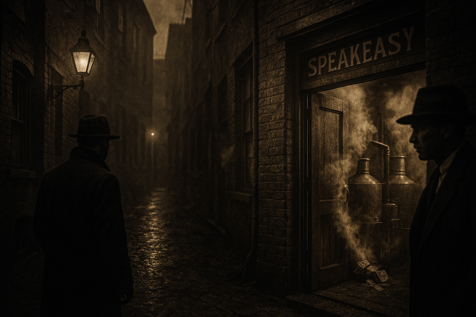 Sepia-toned 1930s alley in Pittsburgh’s Hill District, with moonshine stills smoking inside a speakeasy doorway, watched by two men in fedoras