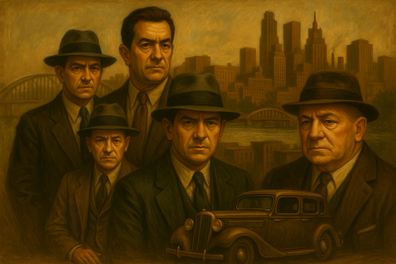 Vintage-style illustration of the LaRocca crime family during Pittsburgh's mafia rise