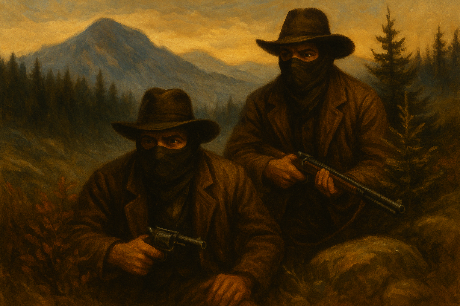 Vintage oil painting of the Biddle Boys—masked, armed, and hiding out in the Allegheny Mountains