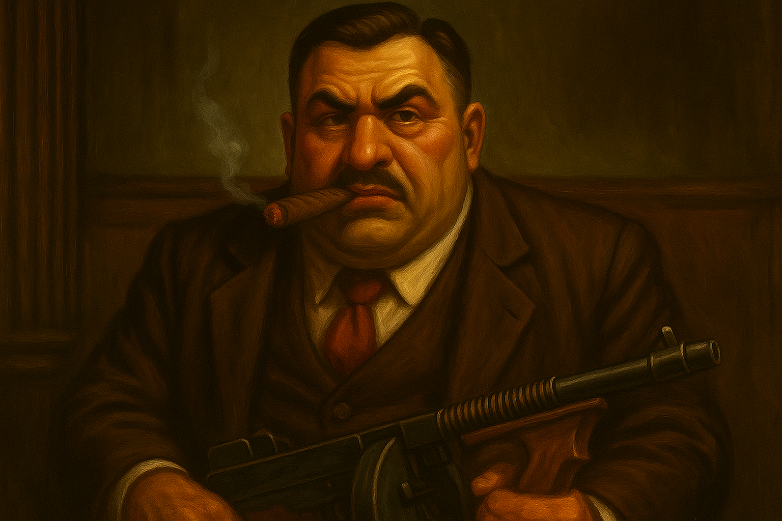 Stylized portrait of John Bazzano holding a tommy gun