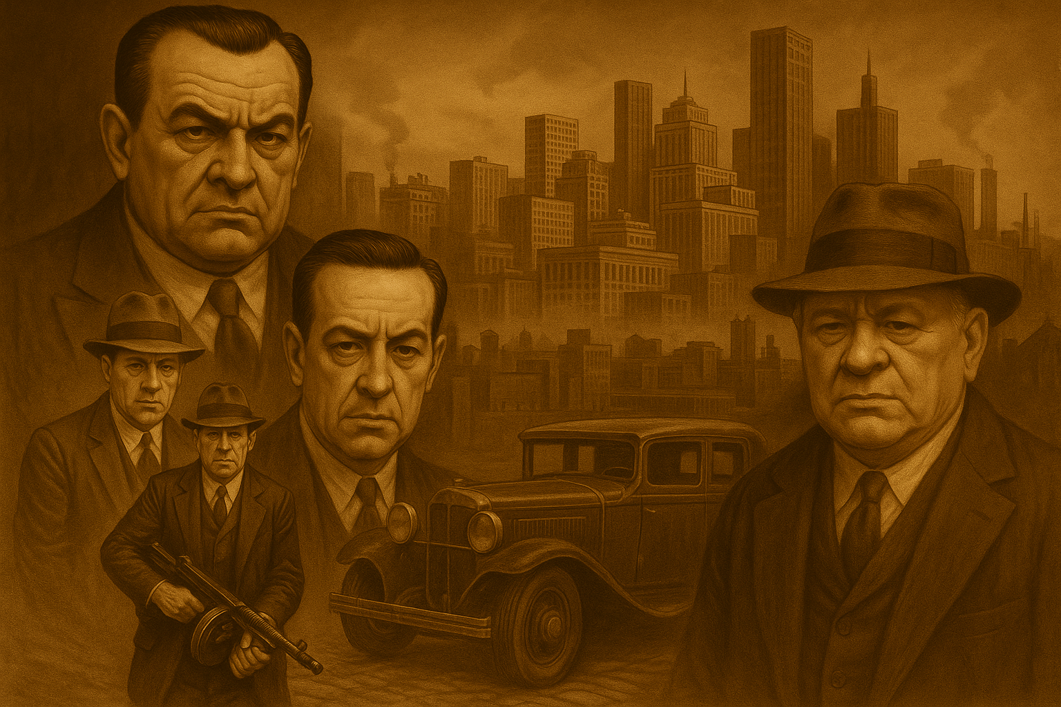 Sepia-toned illustration of five Pittsburgh mobsters with city skyline