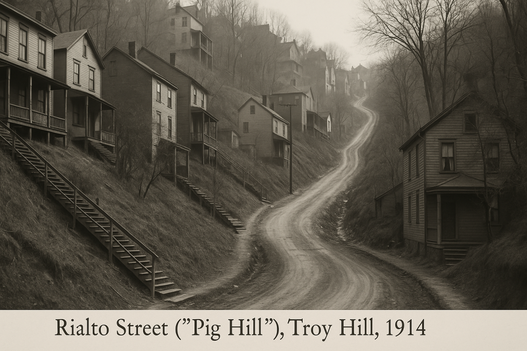 A vintage black-and-white photograph of Troy Hill’s Rialto Street (“Pig Hill”) in 1914, with steep, winding roadway and wooden steps climbing the hillside, as small houses and trees line the ravine – capturing the historic, hilly character of the neighborhood.