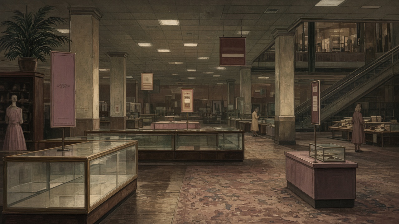 Illustration of a department store interior on its last day, with half-dark floors and empty display cases