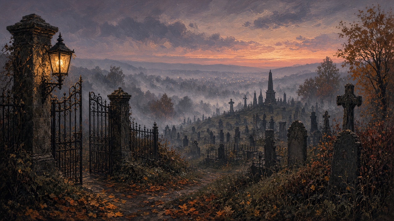 Illustration of an old hillside cemetery at dusk