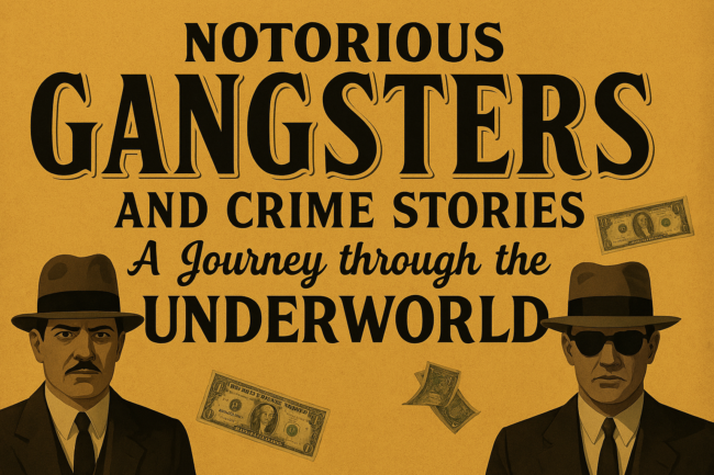 Notorious Gangsters and Crime Stories Vintage-style landscape poster for ‘Notorious Gangsters and Crime Stories: A Journey Through the Underworld’ featuring 1930s gangsters in fedoras, floating cash, and bold noir typography.