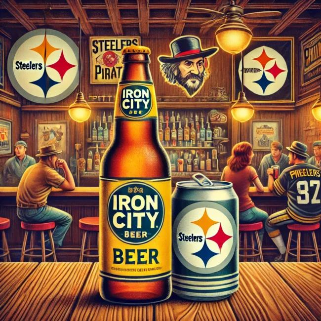iron-city An image capturing the nostalgic charm of Iron City Beer in a classic Pittsburgh tavern setting.