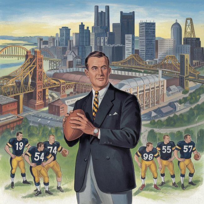 Art Rooney Sr. A vintage illustration of Art Rooney Sr. standing outside Forbes Field in the 1930s, holding a football, with the Pittsburgh skyline and steel mills in the background. Include early Steelers players and the city’s bridges to emphasize the connection to Pittsburgh.