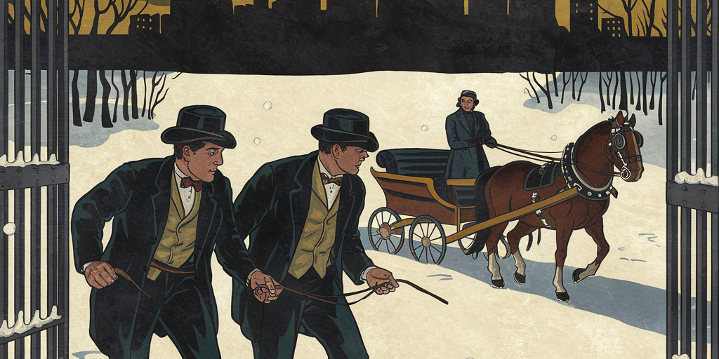 Biddle Boys A dramatic vintage illustration of Ed and Jack Biddle breaking out of Allegheny County Jail, Katherine Soffel waiting with a horse-drawn sleigh in the snow, Pittsburgh’s skyline looming dark in the distance.