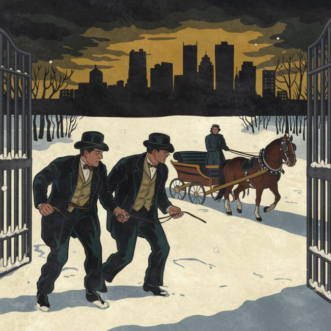 A dramatic vintage illustration of Ed and Jack Biddle breaking out of Allegheny County Jail, Katherine Soffel waiting with a horse-drawn sleigh in the snow, Pittsburgh’s skyline looming dark in the distance.