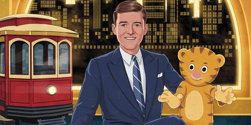 Fred Rogers Pittsburgh A rich, nostalgic illustration of Fred Rogers sitting on his set, red trolley by his side, Daniel Tiger puppet in hand, with the Pittsburgh skyline glowing in the window behind him. Warm golden tones evoke kindness, familiarity, and timeless wisdom.