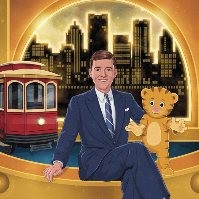 Fred Rogers Pittsburgh A rich, nostalgic illustration of Fred Rogers sitting on his set, red trolley by his side, Daniel Tiger puppet in hand, with the Pittsburgh skyline glowing in the window behind him. Warm golden tones evoke kindness, familiarity, and timeless wisdom.