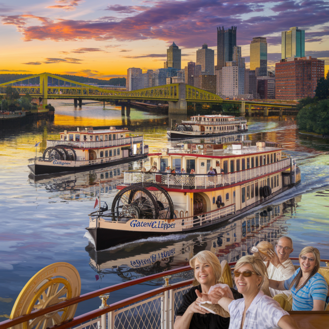 A colorful and detailed painting of the Gateway Clipper Fleet cruising Pittsburgh’s three rivers. Include paddlewheel riverboats, the city skyline, iconic bridges, and a golden sunset. Reflections shimmer on the water, with passengers enjoying the view. Classic Americana style, warm nostalgic tones.