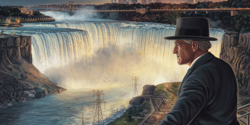 George Westinghouse A detailed, dramatic illustration of George Westinghouse overseeing the Niagara Falls Power Project, with the falls roaring behind him and glowing electric lights illuminating a city skyline in the distance.