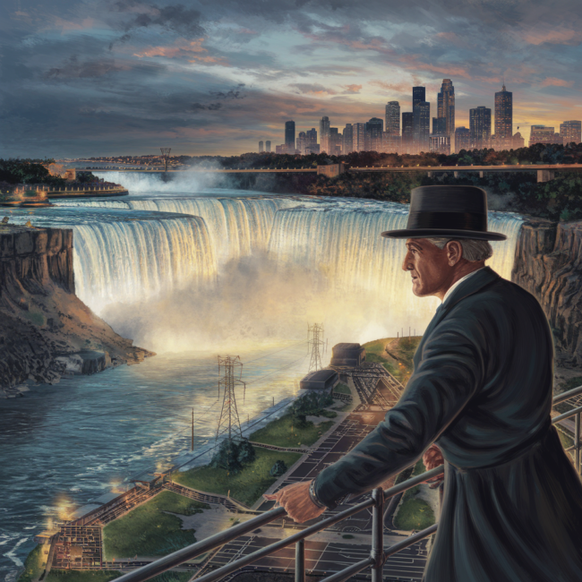 George Westinghouse A detailed, dramatic illustration of George Westinghouse overseeing the Niagara Falls Power Project, with the falls roaring behind him and glowing electric lights illuminating a city skyline in the distance.