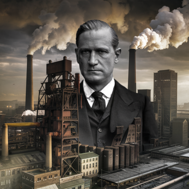 A powerful, moody illustration of Henry Clay Frick standing atop Pittsburgh’s steel mills, smoke billowing behind him. His face half-lit, half-shadowed, symbolizing both his towering achievements and the dark legacy of labor strife.