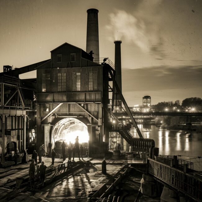 Iron Furnace A gritty, sepia-toned illustration of a 19th-century Pittsburgh iron furnace roaring to life at night, workers silhouetted against the molten glow, with the Monongahela River in the background.
