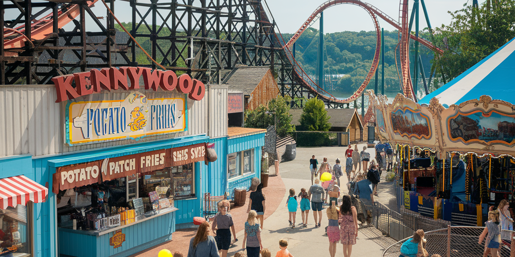 Kennywood Pittsburgh A vibrant, nostalgic scene of Kennywood Park in Pittsburgh, Pennsylvania. The image features classic wooden roller coasters like the Jack Rabbit and Thunderbolt, colorful vintage carnival rides, and the famous Potato Patch fries stand. Families walk through the park on a sunny summer day, with kids holding balloons and riding the merry-go-round. The background shows the iconic Monongahela River view, and the atmosphere is cheerful, warm, and timeless, capturing over 125 years of amusement park history.