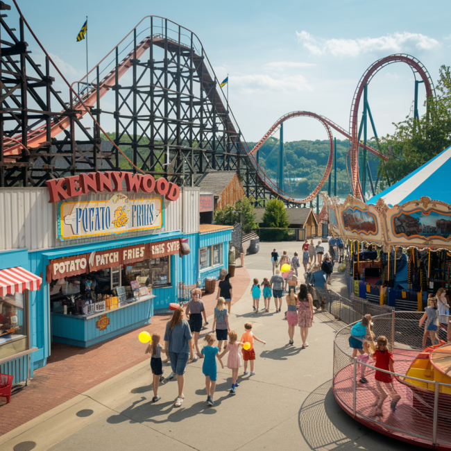 Kennywood Pittsburgh A vibrant, nostalgic scene of Kennywood Park in Pittsburgh, Pennsylvania. The image features classic wooden roller coasters like the Jack Rabbit and Thunderbolt, colorful vintage carnival rides, and the famous Potato Patch fries stand. Families walk through the park on a sunny summer day, with kids holding balloons and riding the merry-go-round. The background shows the iconic Monongahela River view, and the atmosphere is cheerful, warm, and timeless, capturing over 125 years of amusement park history.