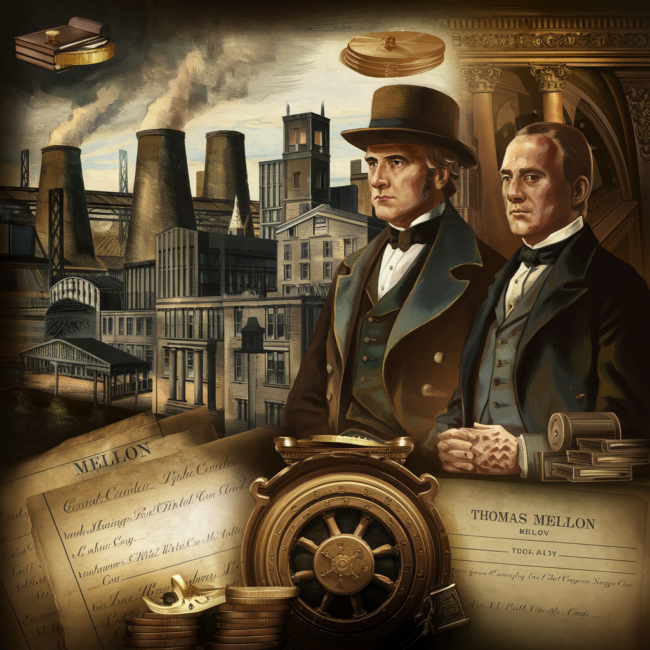 An elegant historical illustration of the Mellon family legacy. A blend of 19th-century Pittsburgh steel mills and banking halls, with figures of Thomas Mellon and Andrew Mellon in formal attire overlooking a skyline of steel stacks and early Wall Street architecture. Add classic banking imagery like ledgers and ornate vaults. Moody lighting, golden tones, and a refined, vintage style.
