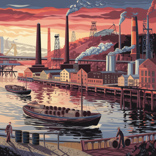 A richly detailed historical illustration of Pittsburgh’s 19th-century riverside with oil refineries, riverboats carrying barrels, and industrial smokestacks. Include oil derricks in the background hills and workers rolling barrels. Warm sunset tones with steam, smoke, and reflections on the river.