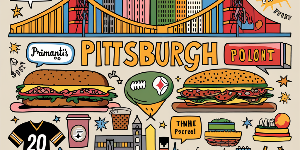 Pittsburghese A colorful illustration of classic Pittsburgh scenes and landmarks labeled with Pittsburghese terms. Include bridges, the skyline, a Primanti’s sandwich, a pierogi, a Steelers jersey, the Point fountain, and speech bubbles with words like "Yinz," "Jagoff," and "Nebby." Bright, playful, and fun.