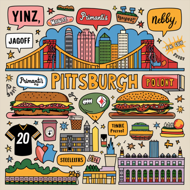 Pittsburghese A colorful illustration of classic Pittsburgh scenes and landmarks labeled with Pittsburghese terms. Include bridges, the skyline, a Primanti’s sandwich, a pierogi, a Steelers jersey, the Point fountain, and speech bubbles with words like "Yinz," "Jagoff," and "Nebby." Bright, playful, and fun.