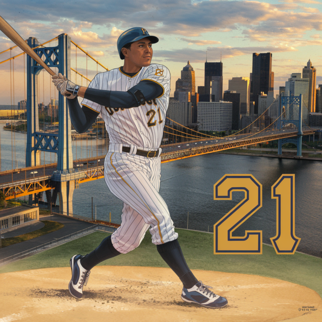 Roberto Clemente An inspirational, vintage-style illustration of Roberto Clemente mid-swing in his Pirates uniform, with the Roberto Clemente Bridge and Pittsburgh skyline in the background. The golden tones of sunset highlight the city and Clemente’s iconic number 21.
