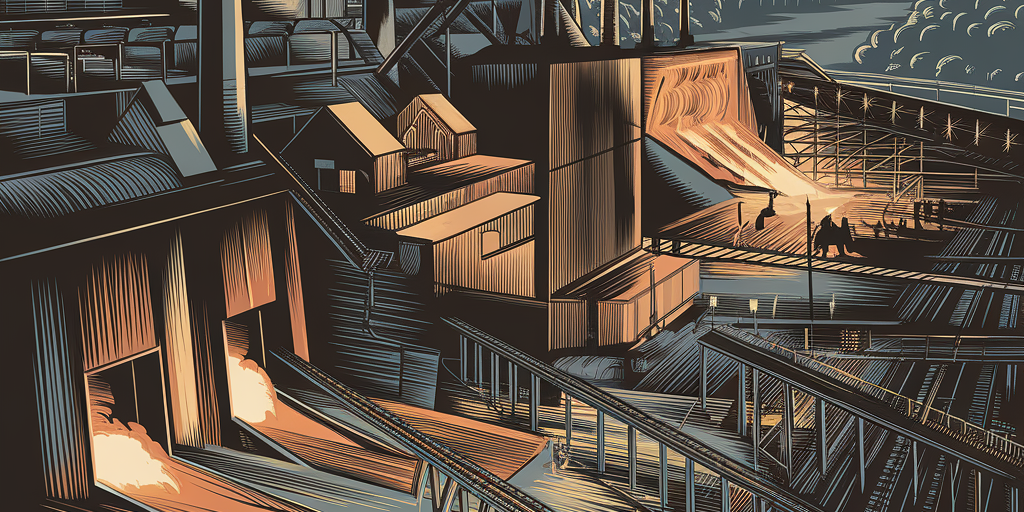 Steel Stacks A gritty, detailed illustration of Pittsburgh’s steel mills at their peak — blast furnaces glowing, open-hearth operations underway, and smokestacks pouring into the sky. Include workers laboring near molten steel, rail lines hauling materials, and the Monongahela River in the background. Dark industrial tones with fiery highlights.