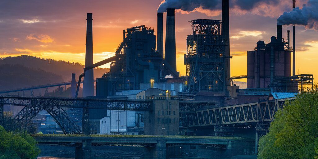 Steel Valley A dramatic, sunset-lit illustration of the Monongahela River with towering steel mills, smoke stacks, and bridges — the ghostly figures of steelworkers visible amid the haze.
