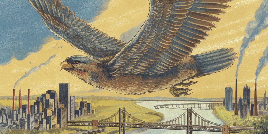 Thunderbird A dramatic, vintage newspaper-style illustration of a massive Thunderbird soaring over the Monongahela River valley, with stunned Pittsburghers watching from below — bridges, smokestacks, and a golden sky in the background.