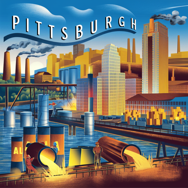 A vibrant illustration of early 20th-century Pittsburgh showing Alcoa factories along the rivers, aluminum ingots being shipped, workers pouring molten aluminum, and the shimmering Alcoa Building downtown. Include smokestacks and a bright metallic glow.