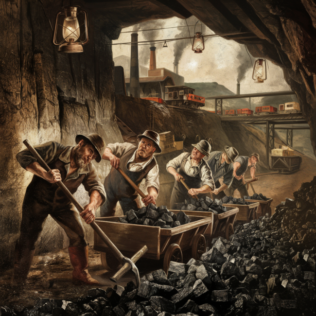 A dramatic historical painting of Pittsburgh coal miners working in a 19th-century mine shaft with flickering lanterns, coal carts, and rugged faces covered in soot. Above ground, show coal tipples, smokestacks, and trains hauling coal. Dark tones with shafts of light and dust.