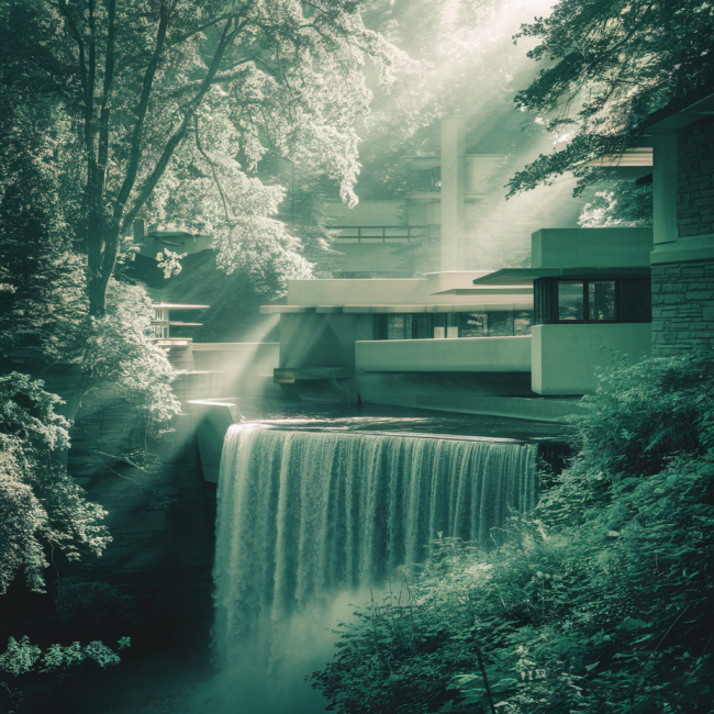 fallingwaters A stunning, photorealistic view of Fallingwater, the iconic house designed by Frank Lloyd Wright, set in the lush green forests of Pennsylvania. The house is built directly over a cascading waterfall, with cantilevered concrete terraces extending over the rushing water. Sunlight filters through the dense trees, casting soft shadows on the stone walls and glass windows. The architectural details, including the use of local sandstone and horizontal lines blending with nature, are prominently featured. The atmosphere is serene, with mist rising from the waterfall, creating a dreamy, almost ethereal effect. The image should have a cinematic, high-definition quality, emphasizing the harmony between architecture and nature.