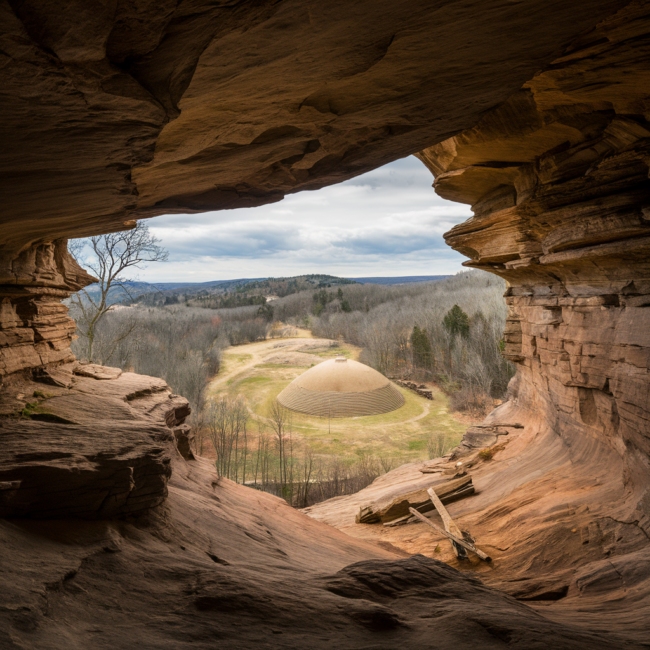 A historical depiction of Meadowcroft Rockshelter, an ancient sandstone overhang in Pennsylvania, surrounded by dense forest.