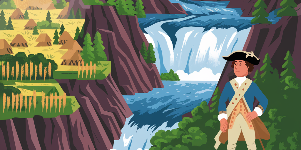 Panoramic view of Ohiopyle history: George Washington at Ohiopyle Falls, Native village, lumber mill, and modern kayakers.