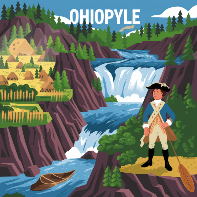 ohiopyle-history Panoramic view of Ohiopyle history: George Washington at Ohiopyle Falls, Native village, lumber mill, and modern kayakers.