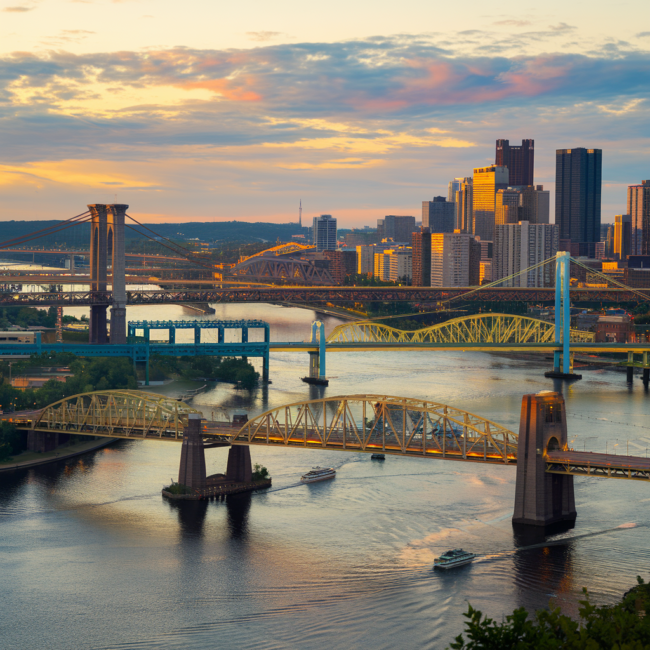 pittsburgh bridges A sweeping, golden-hour illustration showing multiple iconic Pittsburgh bridges — Roberto Clemente, Smithfield Street, and Fort Pitt — spanning the rivers with the skyline rising in the distance.