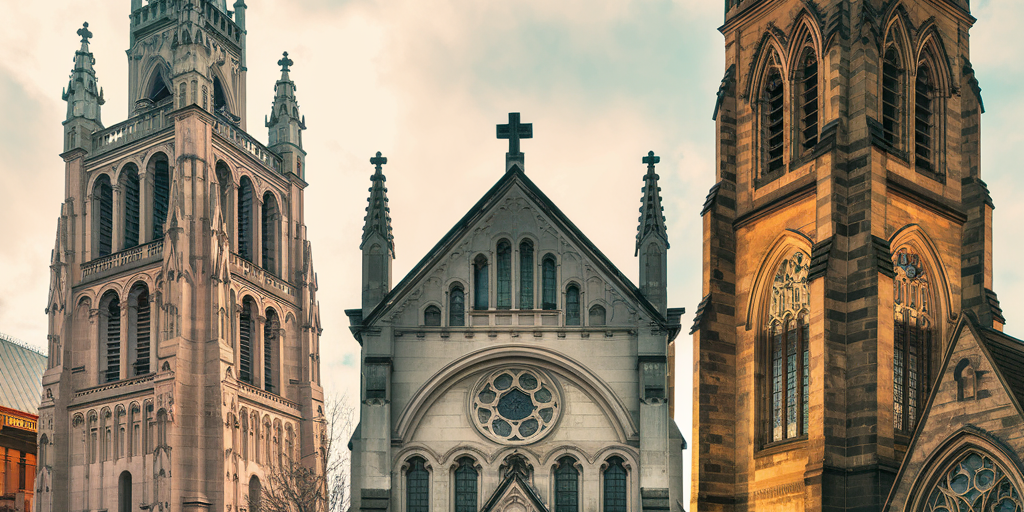 A picturesque, cinematic scene showcasing three of Pittsburgh’s most historic churches side by side: the grand Gothic spires of St. Paul Cathedral rising above a city skyline, the ornate façade of St. Anthony’s Chapel nestled in the Troy Hill neighborhood with hints of its vast relic collection inside, and the sandstone Gothic exterior of Trinity Cathedral downtown, surrounded by historic gravestones. The sky is bright with soft golden-hour lighting, illuminating the stained glass windows. The overall tone is warm, reverent, and timeless—celebrating Pittsburgh’s architectural and cultural heritage.