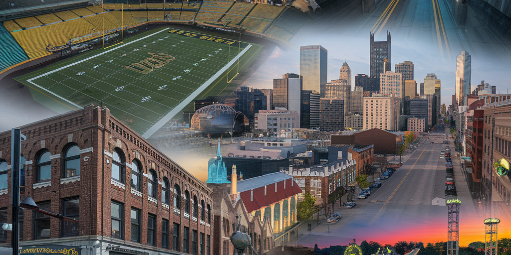 pittsburgh movie locations A cinematic collage showcasing Pittsburgh’s most famous movie filming locations. Include Heinz Field during a football game (from The Dark Knight Rises), the Fort Pitt Tunnel skyline view (from The Perks of Being a Wallflower), the historic Strip District streets (from Jack Reacher), and Kennywood Park with its classic rides (from Adventureland). The overall tone is dramatic and vibrant, capturing the blend of Pittsburgh’s industrial charm and its Hollywood appeal. Bright sky, rich colors, and a polished, movie-poster aesthetic.