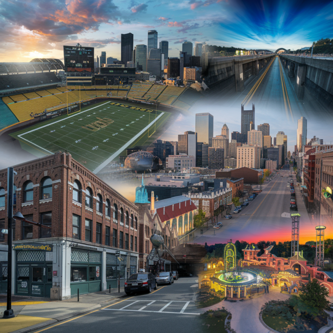 pittsburgh movie locations A cinematic collage showcasing Pittsburgh’s most famous movie filming locations. Include Heinz Field during a football game (from The Dark Knight Rises), the Fort Pitt Tunnel skyline view (from The Perks of Being a Wallflower), the historic Strip District streets (from Jack Reacher), and Kennywood Park with its classic rides (from Adventureland). The overall tone is dramatic and vibrant, capturing the blend of Pittsburgh’s industrial charm and its Hollywood appeal. Bright sky, rich colors, and a polished, movie-poster aesthetic.