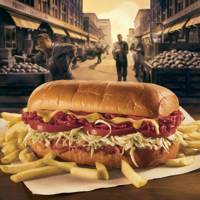 sandwich A nostalgic, warmly lit illustration of a Primanti Brothers sandwich — fries and slaw spilling out — set against a backdrop of Pittsburgh’s Strip District in the 1940s, with steelworkers and produce trucks in the scene.