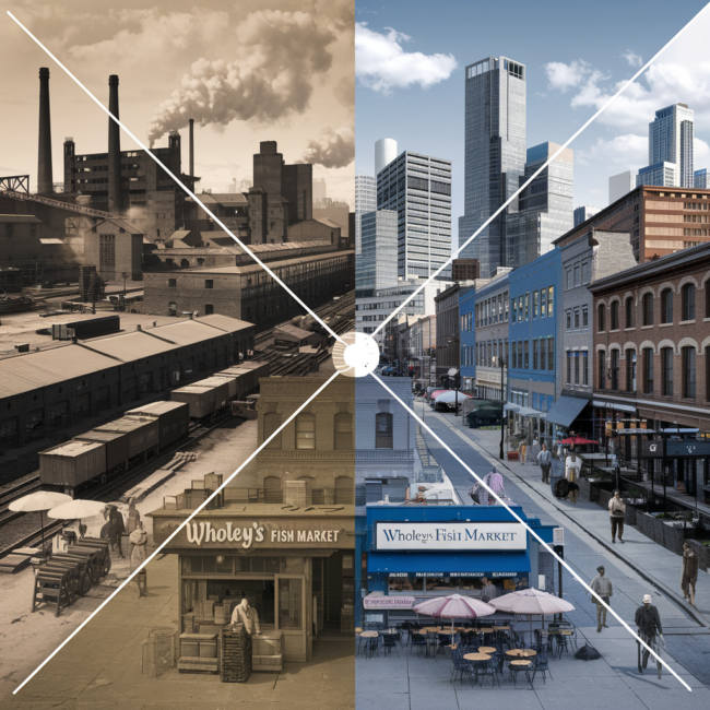 strip-district A visually striking image illustrating the transformation of Pittsburgh’s Strip District over time. On the left side, there are historic steel mills, smoke rising from factories, and 19th-century workers loading freight near the Pennsylvania Railroad Yard. In the middle, there is the mid-20th-century wholesale market era with bustling produce stands, food vendors, and classic storefronts like Wholey’s Fish Market. On the right side, there is the modern Strip District with repurposed warehouses, sleek glass office buildings, a tech startup hub, and young professionals enjoying cafés and restaurants. The colors shift from sepia tones on the industrial side to vibrant hues in the modern section, symbolizing the evolution of this dynamic Pittsburgh neighborhood. The composition blends history with contemporary development, creating a seamless visual journey through time.