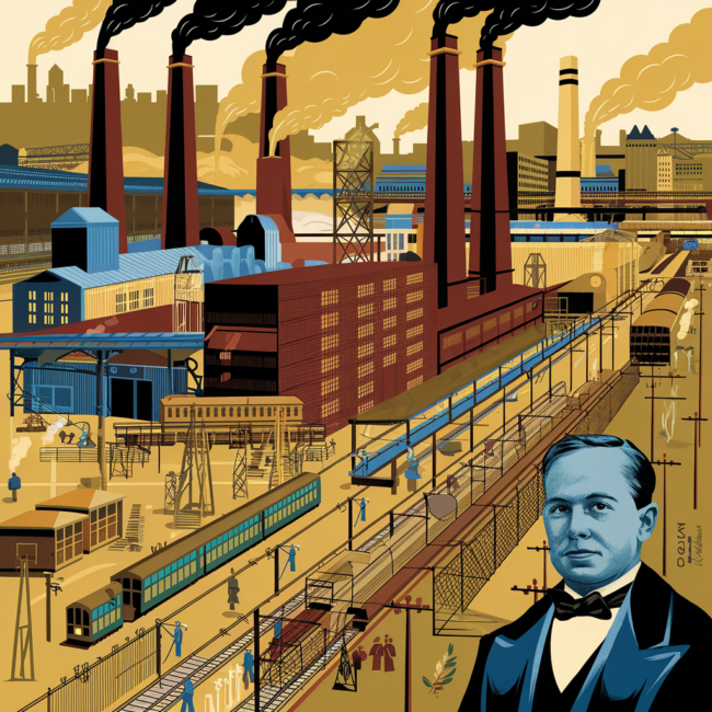 Westinghouse A detailed, vintage illustration of a bustling Westinghouse factory complex in East Pittsburgh circa 1900. Show smokestacks, workers, early electric equipment, trains, and streetcars. Include a portrait of George Westinghouse watching over. Warm industrial tones with blue electric highlights.