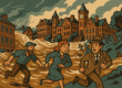 A vintage-style illustration showing a massive flood engulfing downtown Pittsburgh during the St. Patrick’s Day Flood of 1936. Murky water surges through the streets, nearly submerging early 20th-century buildings and storefronts. People scramble to rooftops and upper windows while emergency responders navigate makeshift rafts. Bridges and steel infrastructure loom in the background under stormy skies.