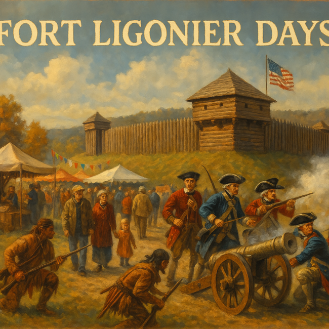 fort-ligonier-days A traditional oil painting-style illustration of Fort Ligonier Days, showing historical reenactors in 18th-century military uniforms, a bustling festival with tents and food stalls, families watching cannon fire demonstrations, and the backdrop of Fort Ligonier surrounded by autumn foliage in the Laurel Highlands.