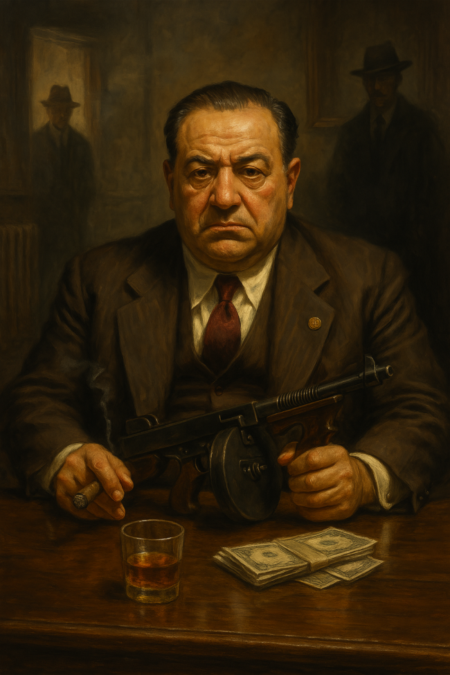 giovanni-bazzano A moody, noir-style illustration depicting John Bazzano, Pittsburgh’s infamous Mafia don, standing in a dimly lit alley. He wears a fedora and long overcoat, with shadowy figures and 1930s-era cars in the background, evoking the dark underworld of organized crime during the Prohibition era.