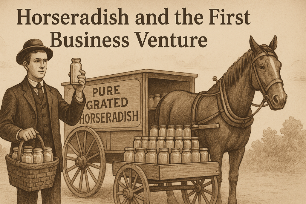Illustration of a young Henry Heinz holding a jar of horseradish, standing next to a horse-drawn wagon labeled “Pure Grated Horseradish,” with jars displayed in baskets and on the wagon, set in a vintage 1800s-style scene.