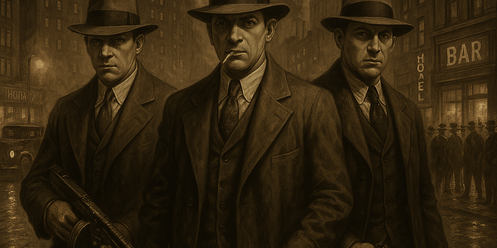 pittsburgh-mobsters A sepia-toned, oil painting-style illustration showing a dramatic 1920s Pittsburgh street scene during Prohibition. Gangsters in trench coats and fedoras stand near vintage cars outside a speakeasy, while law enforcement in the background conducts a raid. Smoke rises from a steel mill in the distance, blending the city’s industrial grit with its underworld past.